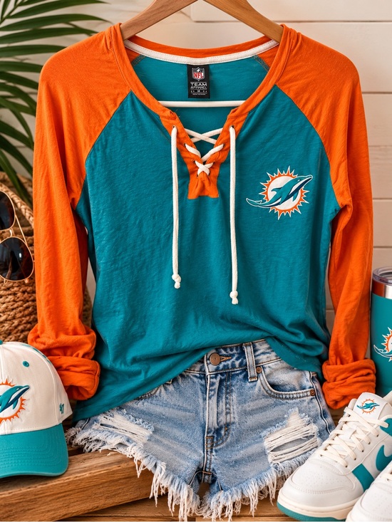 NFL Tops - NFL Miami Dolphins Teal & Orange Lace-Up Raglan Sweatshirt